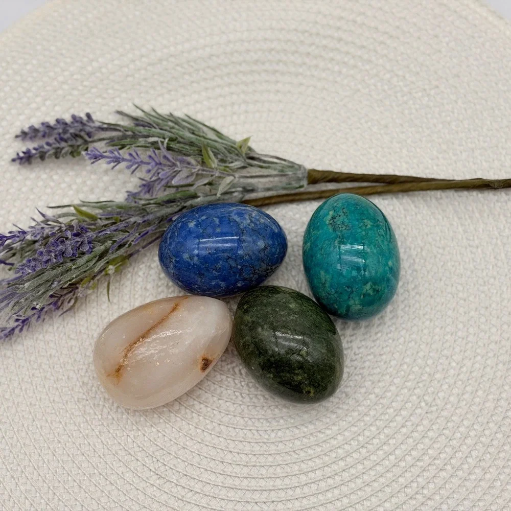 Vintage Natural Polished Stone Eggs Set of 4 Lapis Jade Alabaster Decorative